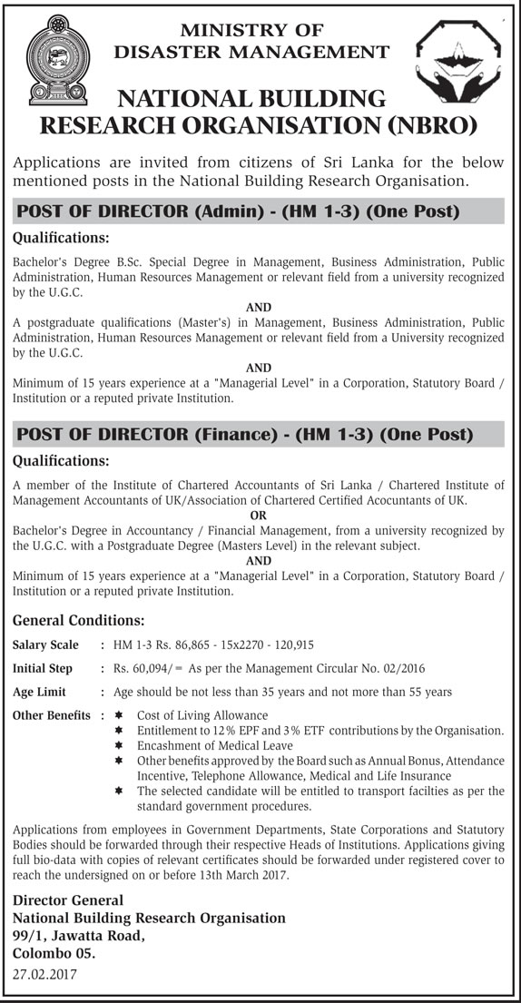 Director (Admin), Director (Finance) - National Building Research Organization (NBRO)